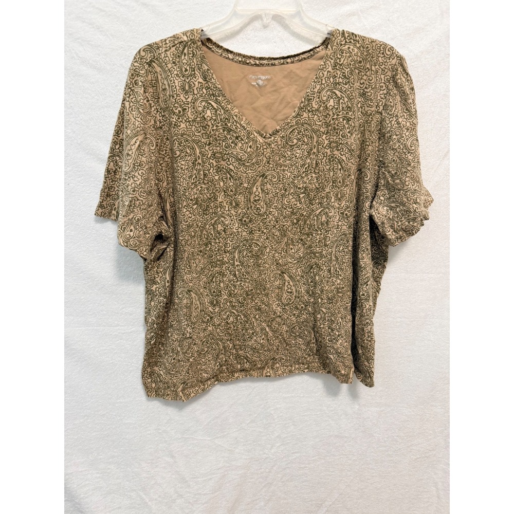 Catherines Womens 3X 26/28W Tan Green Paisley V-Neck Short Sleeve T-Shirt Top